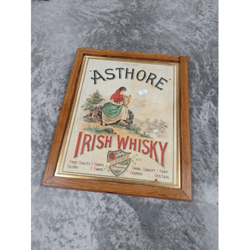 773 - Rare Asthore Irish Whisky framed advertising showcard. {64 cm H x 53 cm W}.