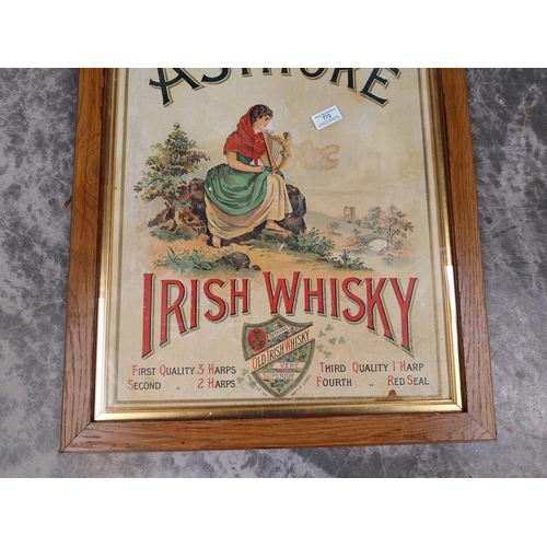 773 - Rare Asthore Irish Whisky framed advertising showcard. {64 cm H x 53 cm W}.