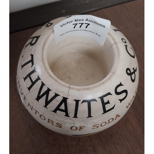 777 - A and R Thwaites and Co match strike {7 cm H x 8 cm Dia.} , Stoneware ginger beer bottle {18 cm H x ... 