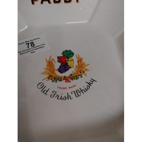 78 - Benson and Hedges ceramic Wade pottery { 4 cm H x 16 cm W x 16 cm D} and Old Paddy Irish Whiskey cer... 