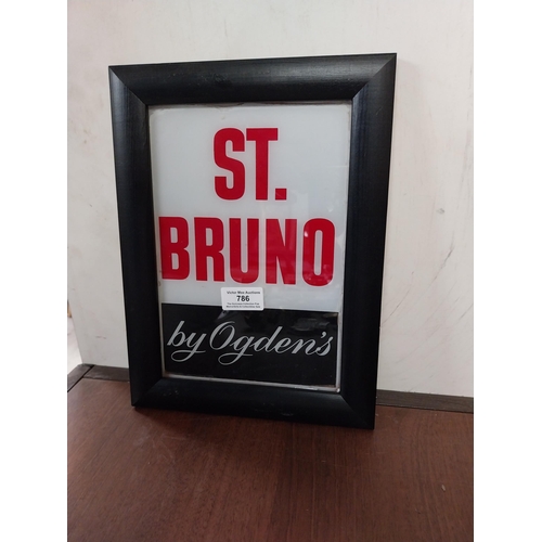 786 - St Bruno by Ogden's reverse glass painted advertising sign. {30 cm H x 23 cm W}.