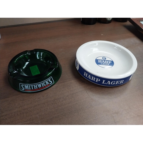 794 - Harp Lager Wade ceramic ashtray {3 cm H x 18 Dia}  and Smithwicks glass ashtray {4 cm H x 22 cm Dia}