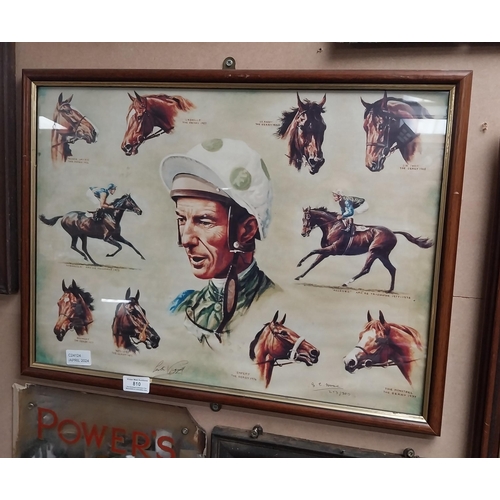 810 - Framed montage of Lester Piggott and his winners. {33 cm H x 57 cm W}.