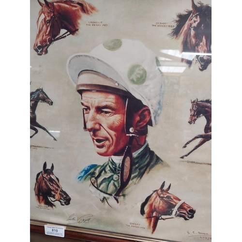 810 - Framed montage of Lester Piggott and his winners. {33 cm H x 57 cm W}.