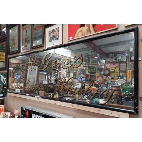 813 - Rare early 1900's McGee's Old Liqueur Whiskey framed advertising mirror. {68 cm H x 226 cm W}.