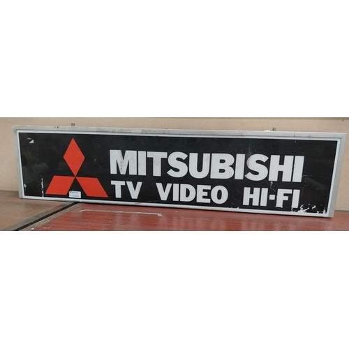 817 - Mitsubishi TV Video Hi Fi double sided light up advertising sign. {23 cm H x 95 cm W x 10 cm D}.