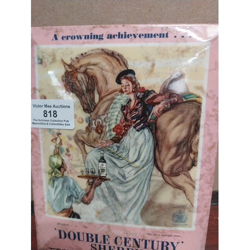 818 - Double Century Sherry celluloid advertising showcard {18 cm H x 14 cm W}