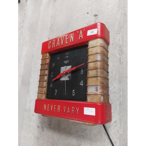 830 - 1950's Craven A advertising clock {35 cm H x 33 cm W x 7 cm D}.