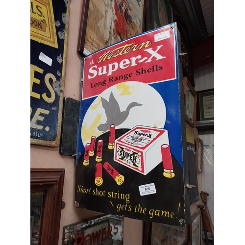 855 - Western Super X Long Range Shells enamel advertising wall sign.  {46 cm H x 30 cm W}