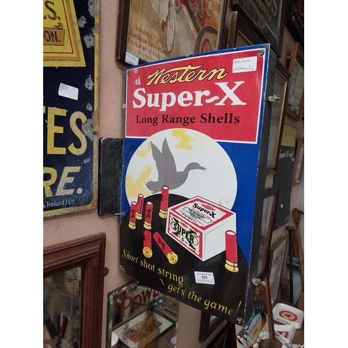 855 - Western Super X Long Range Shells enamel advertising wall sign.  {46 cm H x 30 cm W}