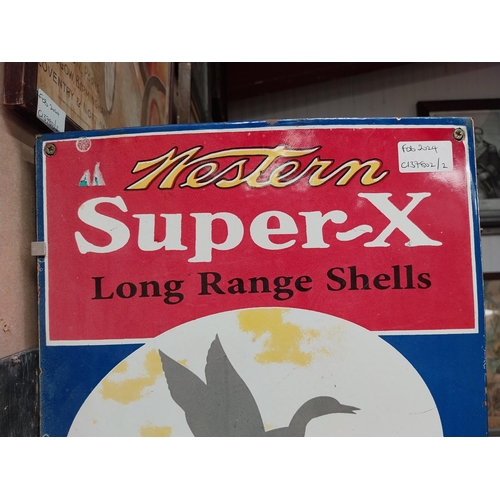 855 - Western Super X Long Range Shells enamel advertising wall sign.  {46 cm H x 30 cm W}