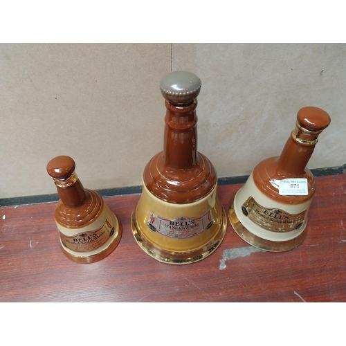 871 - Three ceramic graduated Bell's Old Scotch Whiskey advertising bells. {25 cm H x 15 cm Dia to 16 cm H... 