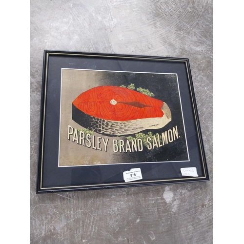 875 - Parsley Brand Salmon framed showcard. {31 cm H x 36 cm W}.