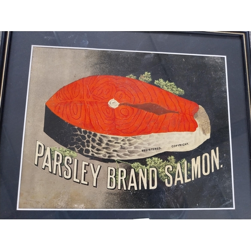 875 - Parsley Brand Salmon framed showcard. {31 cm H x 36 cm W}.