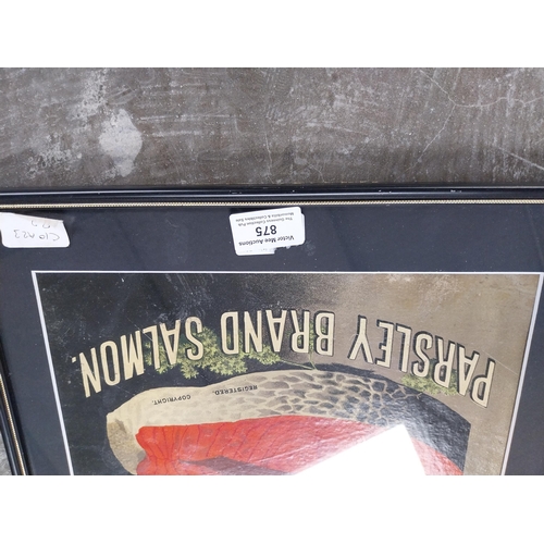 875 - Parsley Brand Salmon framed showcard. {31 cm H x 36 cm W}.