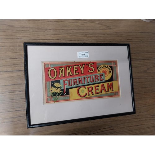 877 - Oakey's Furniture Cream framed showcard. {25 cm H x 35 cm W}.