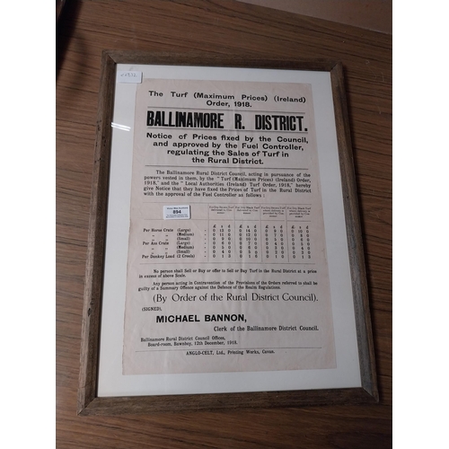 894 - 1918 Ballinamore Turf Maximum Prices Ireland framed print. {54 cm H x 40 cm W}.