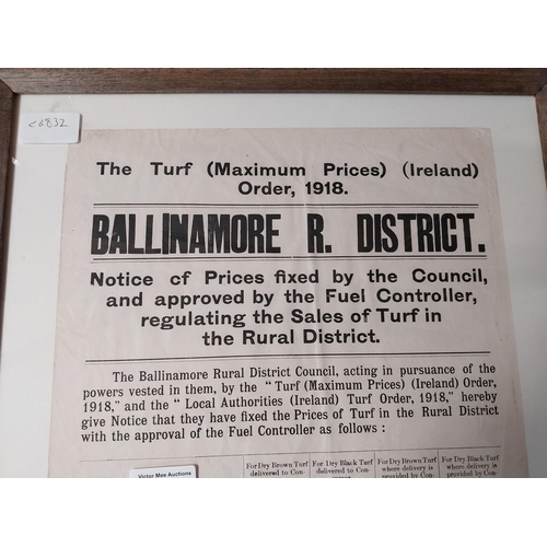 894 - 1918 Ballinamore Turf Maximum Prices Ireland framed print. {54 cm H x 40 cm W}.