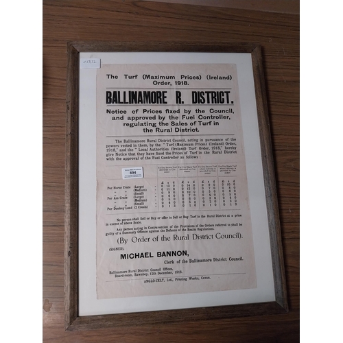 894 - 1918 Ballinamore Turf Maximum Prices Ireland framed print. {54 cm H x 40 cm W}.