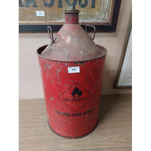 908 - Petroleum Spirit metal oil can with original brass tap. {54 cm H x 28 cm Dia.}.