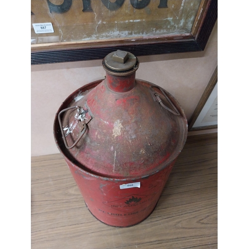 908 - Petroleum Spirit metal oil can with original brass tap. {54 cm H x 28 cm Dia.}.