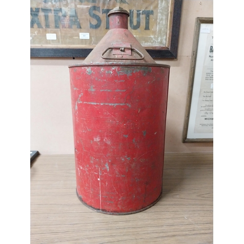 908 - Petroleum Spirit metal oil can with original brass tap. {54 cm H x 28 cm Dia.}.