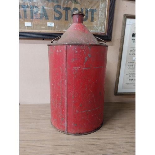 908 - Petroleum Spirit metal oil can with original brass tap. {54 cm H x 28 cm Dia.}.