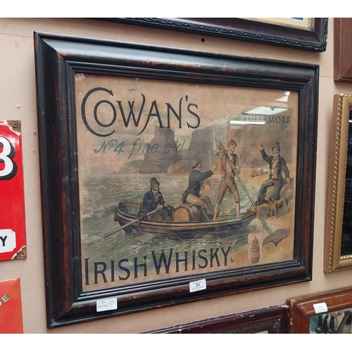 91 - Framed Cowan's Tullamore Irish Whisky advertising print. { 61 cm H x 54 cm W}.