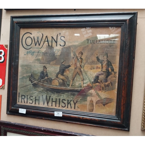 91 - Framed Cowan's Tullamore Irish Whisky advertising print. { 61 cm H x 54 cm W}.