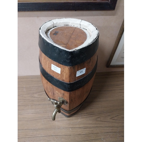 910 - Oak metal bound barrel with tap {43 cm H x 25 cm W}