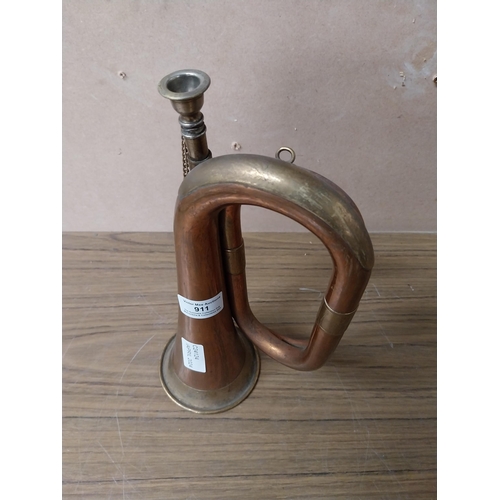 911 - Copper and Brass Bugle. {29 cm H x 13 cm Dia.}.