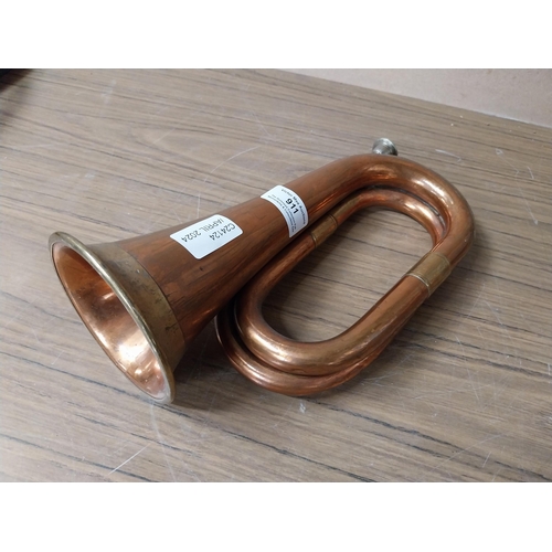 911 - Copper and Brass Bugle. {29 cm H x 13 cm Dia.}.