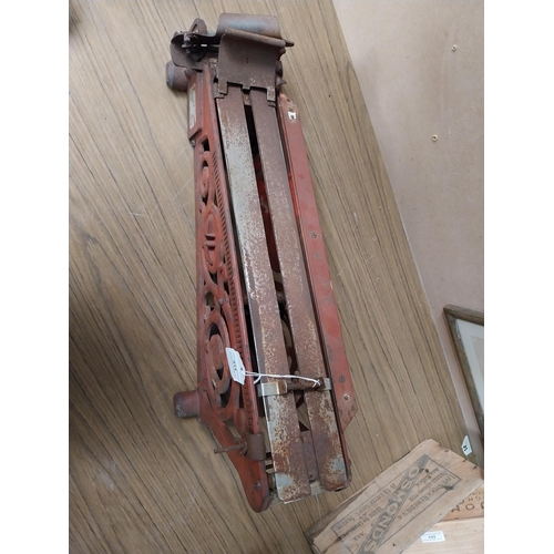 914 - Early 20th C. metal paper cutter. {30 cm H x 60 cm W x 17 cm D}