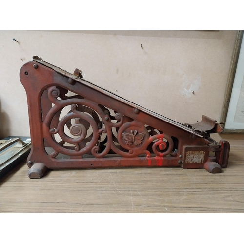 914 - Early 20th C. metal paper cutter. {30 cm H x 60 cm W x 17 cm D}