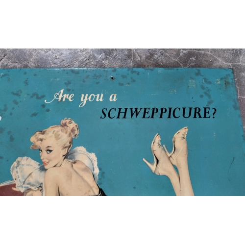 917 - Are You A Schweppicure celluloid advertising sign. {30 cm H x 34 cm W}.