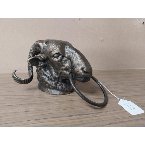 923 - Cast iron tie in form of Rams Head. {15 cm H x 20 cm W x 23 cm D}.