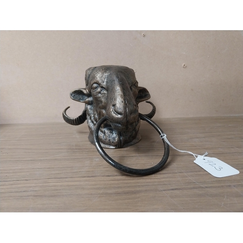 923 - Cast iron tie in form of Rams Head. {15 cm H x 20 cm W x 23 cm D}.