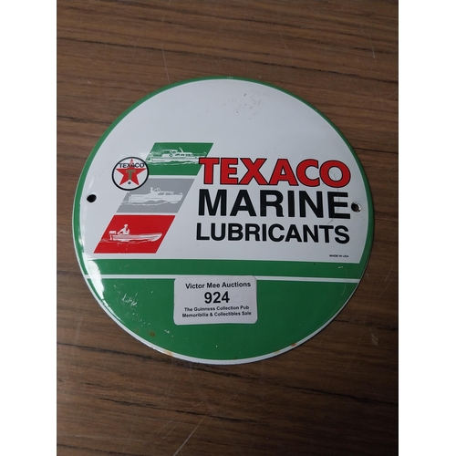 924 - Texaco lubricants enamel sign. {15 cm Dia.}.