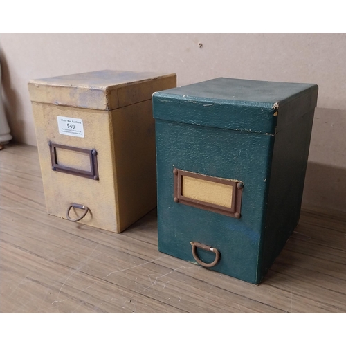 940 - Two 1930's cardboard office storage boxes. {12 cm H x 15 cm W x 15 cm D}.