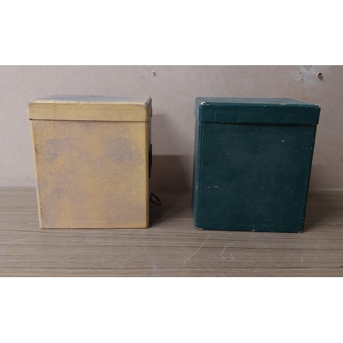 940 - Two 1930's cardboard office storage boxes. {12 cm H x 15 cm W x 15 cm D}.