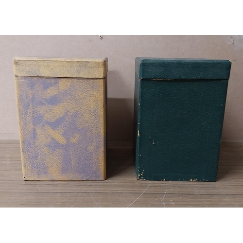 940 - Two 1930's cardboard office storage boxes. {12 cm H x 15 cm W x 15 cm D}.