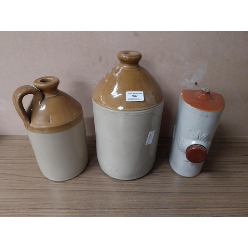 947 - Two 19th C. stoneware flagons {25 cm H x 15 cm Dia} and {25 cm H x 14 cm Dia.} and stone hot water b... 