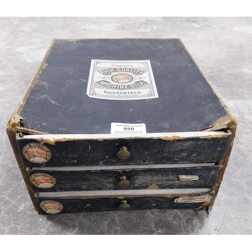 950 - 1950's Cardboard sewing box with three drawers. {13 cm H x 22 cm W x 30 cm D}.