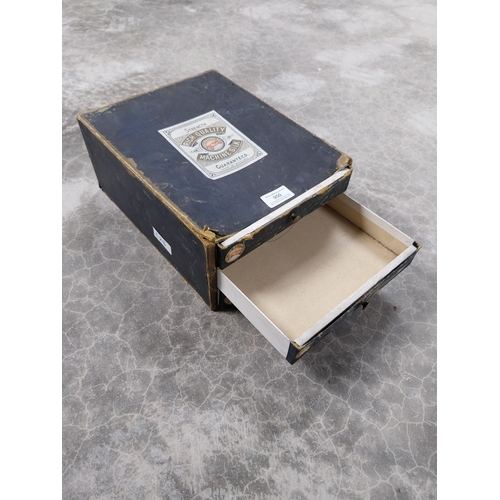 950 - 1950's Cardboard sewing box with three drawers. {13 cm H x 22 cm W x 30 cm D}.