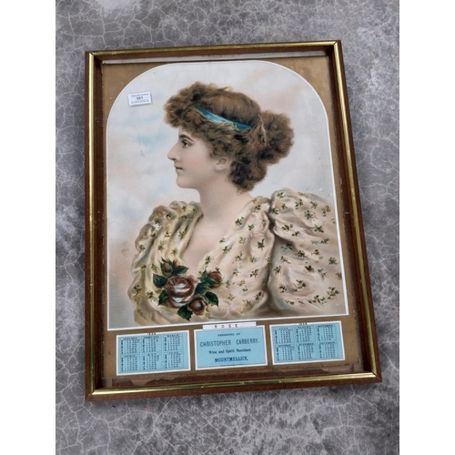 961 - Framed 1898 calendar Christopher Carberry Wine and Spirit Merchant Mountmellick. {60 cm H x 46 cm W}... 