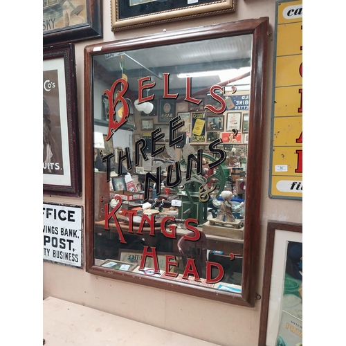 97 - Bells'  Kings Head Three Nuns' framed advertising mirror. {96 cm H x 72 cm W}.