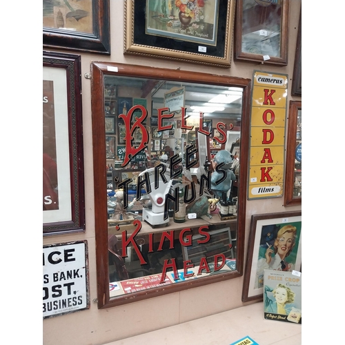 97 - Bells'  Kings Head Three Nuns' framed advertising mirror. {96 cm H x 72 cm W}.