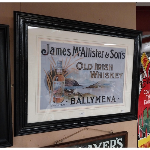 971 - James McAllister Old Irish Whiskey Ballymena framed print. {65 cm H x 84 cm W}.