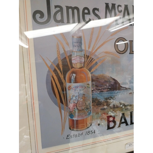 971 - James McAllister Old Irish Whiskey Ballymena framed print. {65 cm H x 84 cm W}.