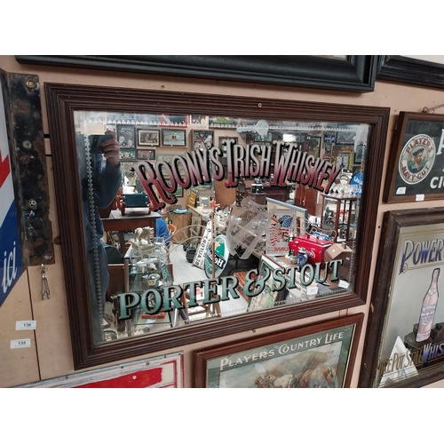 973 - Framed Roony's Irish Whiskey Porter and Stout advertising mirror. {61 cm H x 87 cm W}.